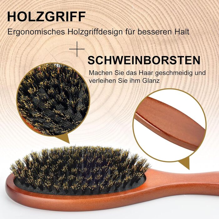 Дерев'яна щітка для волосся AISEELY з щетиною дикого кабана (2 шт.) - зменшує ламкість та пухнастість