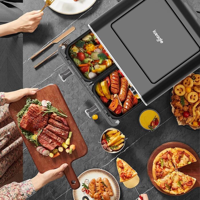 iceagle Hot Air Fryer 2 Chambers Airfryer XXL 11L - 1700 W Hot Air Fryer with 2 Compartments | Dual Zone Hot Air Fryer, 6 Cooking Functions, Touchscreen, Recipe Book Dual Basket 11L