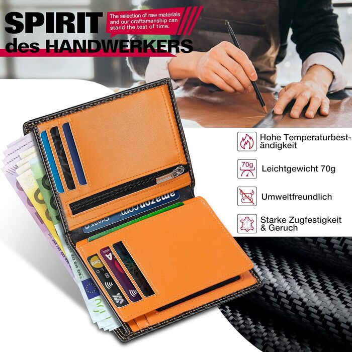 Чоловічий гаманець з карбонової шкіри з RFID-блокуванням, 13 відділень для карток, велика кишеня для монет, 2 відділення для купюр, місткий, мінімалістичний подарунок