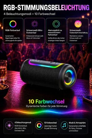 Портативна Bluetooth колонка UOHHBOE 30W, чорна: музика до 30 годин, RGB підсвічування, IPX5 водонепроникність
