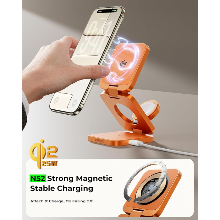 Зарядний пристрій 3-в-1 LULULOOK Ultra Kompakt Qi2.2 25W, MagSafe для iPhone 17/16, Apple Watch, AirPods, GaN 45W, помаранчевий