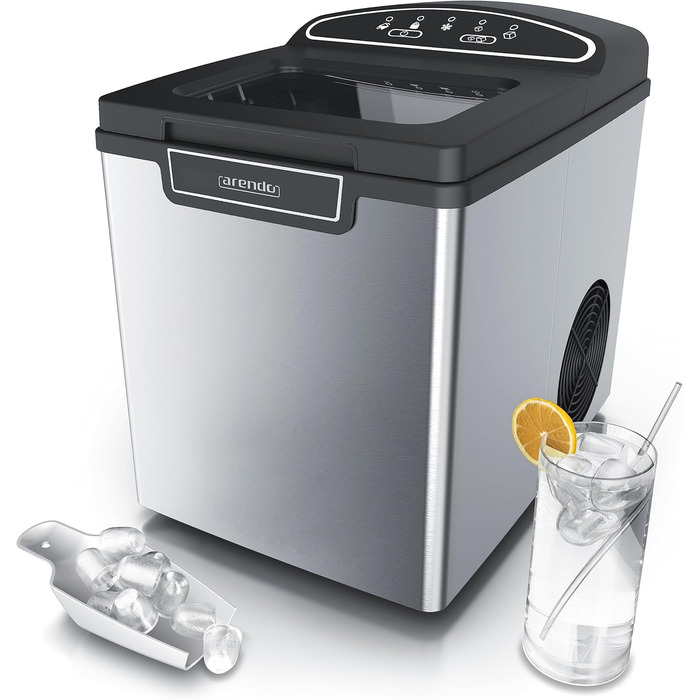 Stainless steel ice maker, ice cube maker, ice maker machine 1.8 Liter ice cube maker, ice cream machine with cooling, ice cube sizes small and large, status LEDs, ABS, BPA free, silver stainless steel