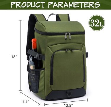 Рюкзак-холодильник Laripwit 54 банки, 32L, ізольований, з відділенням для холоду, зелений. Ідеально для пікніків, подорожей, кемпінгу та тактичного використання.