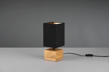 Настільна лампа Reality Leuchten Woody R50181080 з дерев'яним цоколем, чорний матовий метал, абажур з тканини золотого кольору, без лампочки E27 (12x12 см)