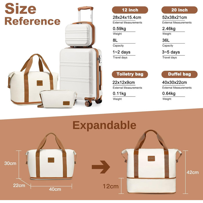 Набір валіз KONO 4 в 1: велика валіза, ручна валіза 55 см, косметичка, сумка для ручної поклажі (кремовий)