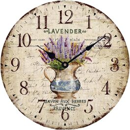 YOAI Wall Clock Kitchen Clock Vintage Shabby CHIC Antique Nostalgia Rustic MDF Quartz Clock with Silent Movement, 12 inch/30CM Ø (Lavender in Pot)