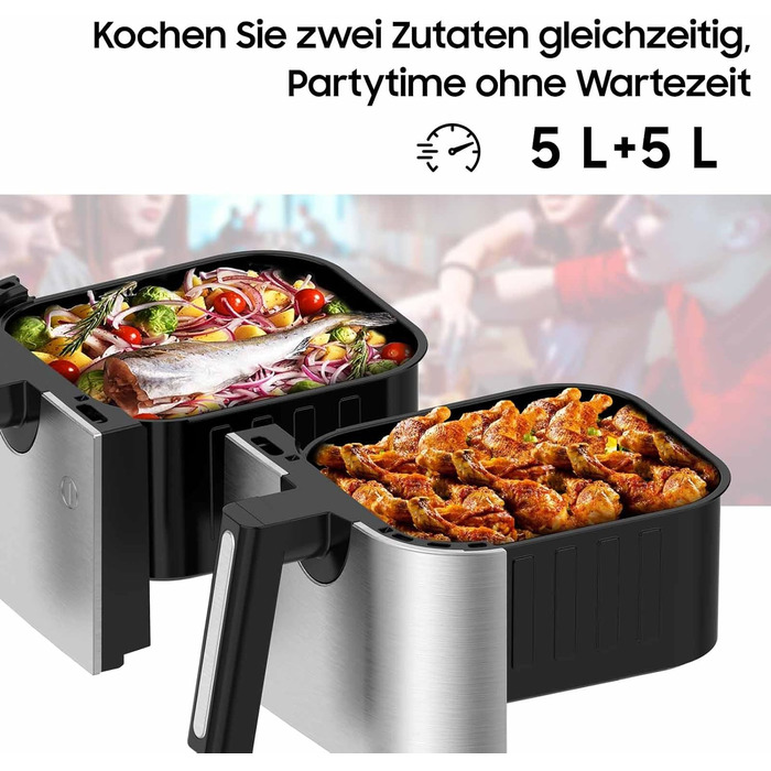 Фритюрниця повітряна подвійна 12л з подвійними камерами, LED-дисплеєм, 10 програмами, функцією сушіння та Dual Cook, 2600W