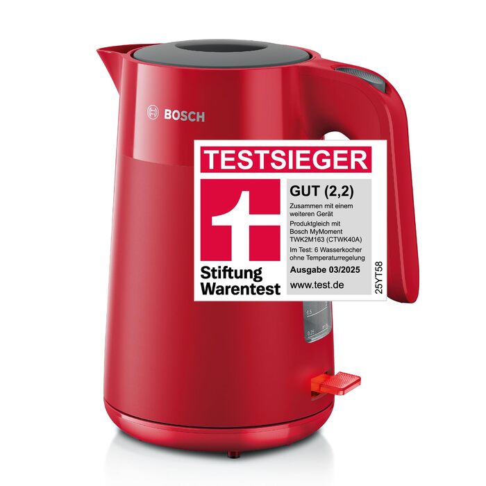 Електричний чайник Bosch MyMoment TWK2M164 з автоматичним відключенням, захистом від перегріву, показом кількості чашок, знімним фільтром від накипу, захистом від сухого кип'яття, функцією зупинки пари, об'єм 1,7 л, потужність 2400 Вт, матовий червоний