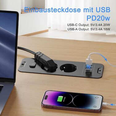 Мережевий адаптер 5-портовий з індивідуальним вимикачем, з 2 USB-A та 2 USB-C, розподільчий блок живлення 5-портовий з вимикачем, мережева стрічка з кріпленням на стіну та 2м кабелем, PD 20W - (2 розетки, 4 USB, чорний)