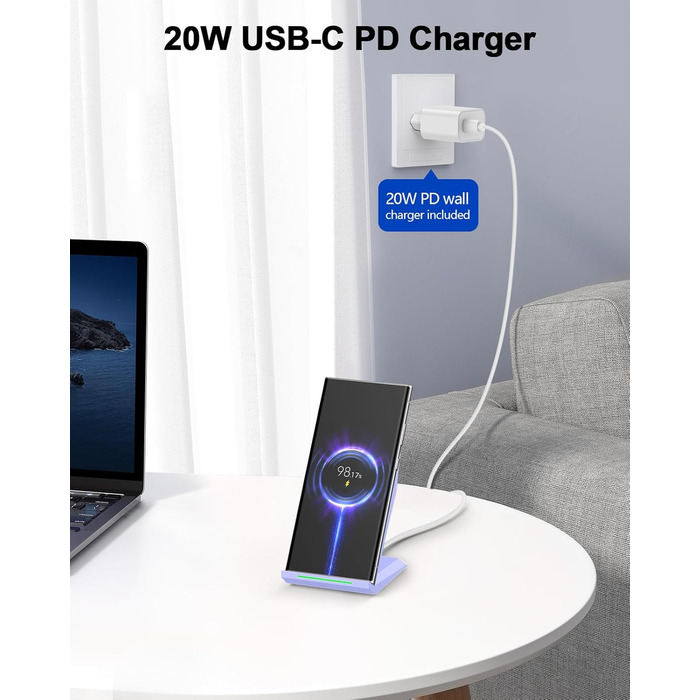 Бездротовий зарядний пристрій NANAMI Qi з адаптером USB-C 20W PD для iPhone 17/16/15/14/13/12 Pro Max XR 8 та Samsung Galaxy S25/S24/S23/S22 (фіолетовий)