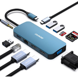 Док-станція BENFEI USB-C MST Hub 11-в-1: 2HDMI 4K, VGA, 3 x USB 3.0, SD/TF, Ethernet, PD 100W, 3.5mm Aux, для MacBook/XPS/Surface (Блакитна)