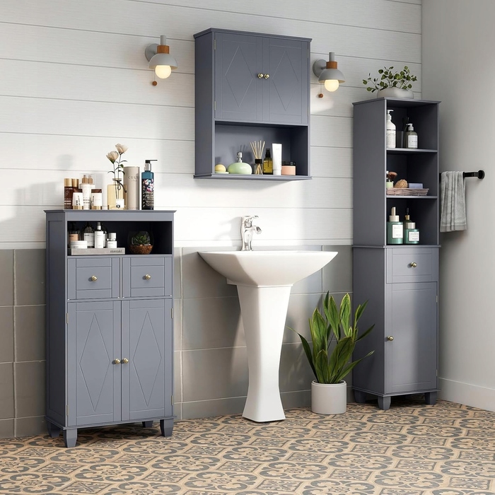 Елегантна шафа у ванну кімнату з дверцятами та шухлядами, сіра