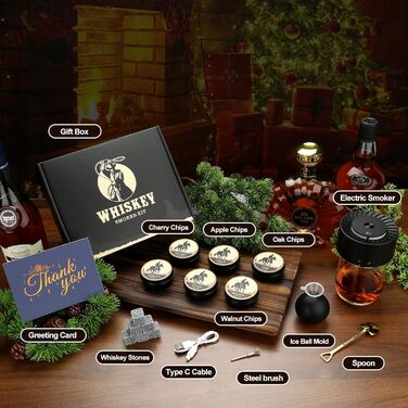 Електричний набір для копчення віскі Saturn - 6 дерев'яних чіпсів, 6 каменів для віскі, форма для льоду, перезаряджається, для бурбону, подарунок для батька, чоловіка, електричний дим для віскі + камені