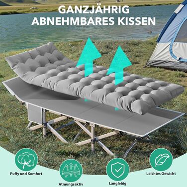 Розкладне ліжко Feldbett з матрацом, до 208 кг, сіре, XL 190x71x35 см - для кемпінгу, саду, пляжу, гостей