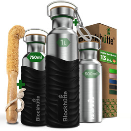 Blockhut Personalized Stainless Steel Water Bottle 1L - Leak-Proof Water Bottle for Kids, Adults, BPA-Free, Carbonated Drink Compatible, Thermos Bottle for School, Outdoor Use, Engraving with Name (750 ml, Black)