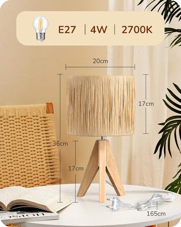 EDISHINE Настільна лампа з ручним плетінням, тепле світло 2700K, з дерев'яною підставкою, Boho стиль, для спальні, вітальні, готелю, з LED лампою E27 4W (рафія)