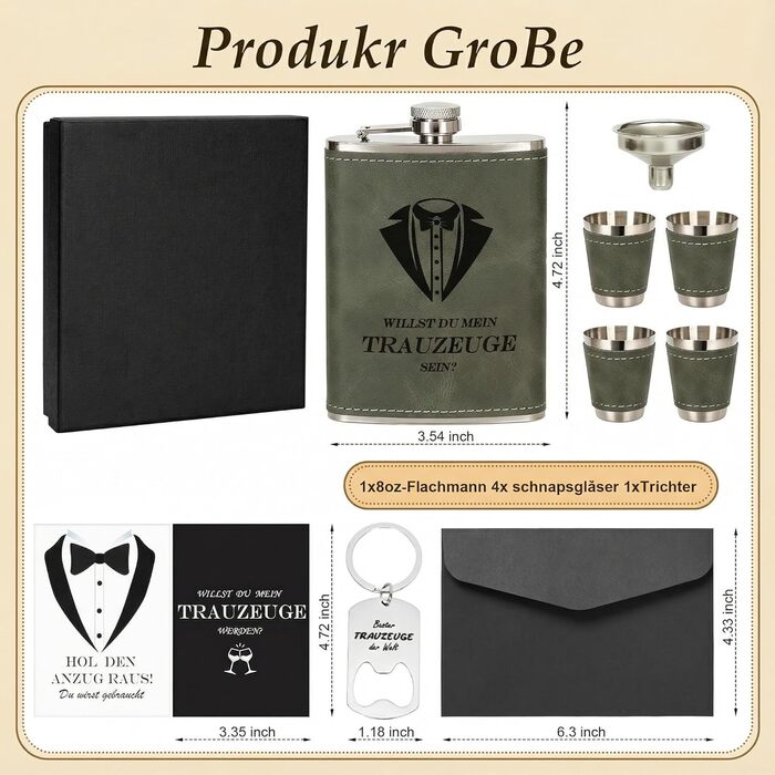 Персоналізований набір фляг 8oz з гравіюванням – фляга з нержавіючої сталі, 4 склянки, воронка та подарункова коробка для дружби, подарунок на весілля для чоловіків та жінок, сірий колір