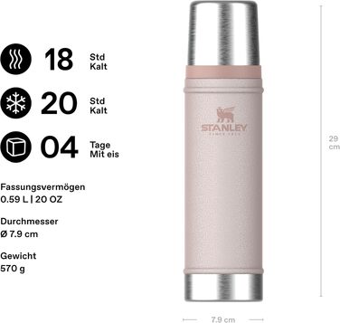 Термос STANLEY 1913 Classic Legendary 590 мл, герметичний, сталевий (Hammertone Rose Quartz) — зберігає тепло та холод до 24 годин