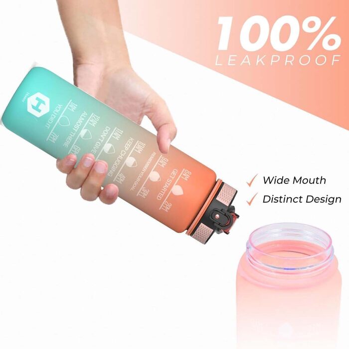 1L Water Bottle - BPA Free Water Bottle with Straw and Time Markers - Water Bottle for Bicycle, Outdoor, School, Running and Gym - Carbonated Drink Suitable (Orange & Light Green with Orange Cap)