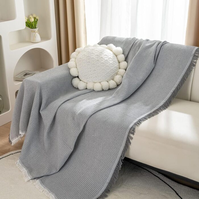 LHGOGO Waffle Throw Blanket 180x300cm Large 3-Seater Sofa Throw Versatile Living Room Blanket as Sofa Throw, Couch Cover, Sofa Cover, and Bedspread with Decorative Tassels - Light Grey