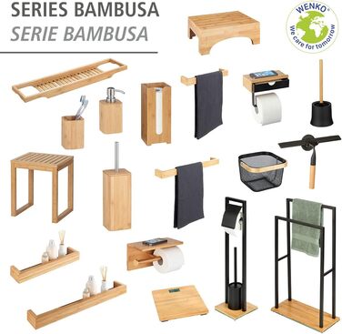 Набір для туалету WENKO Bambusa: тримач для туалетного паперу та щітка для унітазу, Loft-стиль, чорний/натуральний, 18 x 72,5 x 18 см