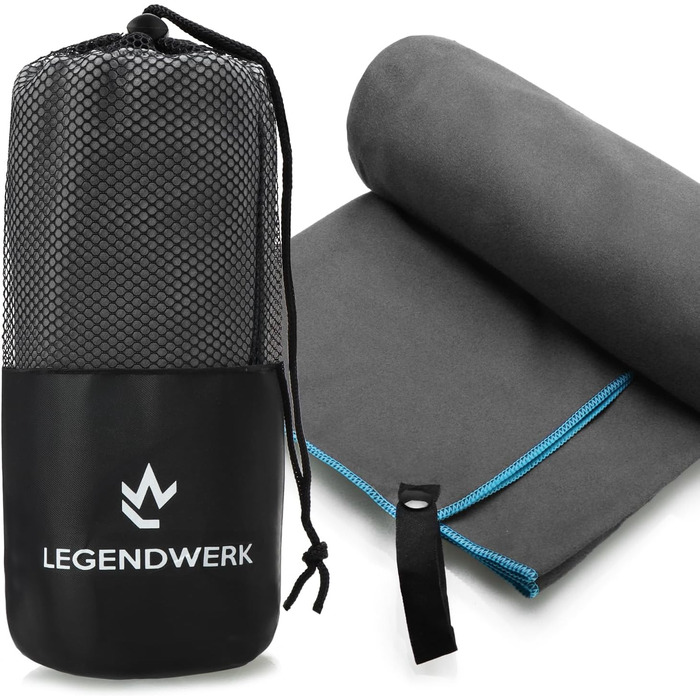 Рушник мікрофібри Legendwerk® 160x80 см – швидковисихаючий, компактний – для подорожей, фітнесу, міста та відпочинку на природі – легкий, стильний, з сумкою та петлею для підвішування, сірий, 1 шт.