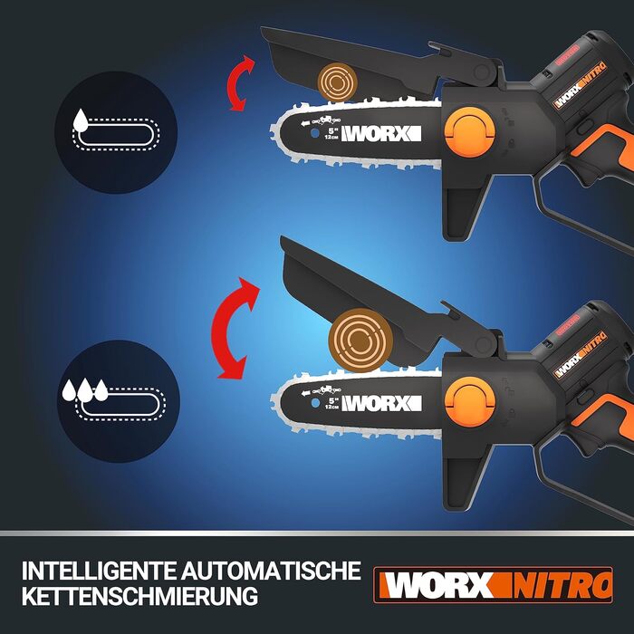 WORX WG325E Nitro Mini акумуляторна бензопила 20V, одноручна пила для гілок, Brushless двигун, 5650 об/хв, довжина різу 12 см, легка та компактна, автоматичне змащення ланцюга (з акумулятором 2Ah та зарядним пристроєм)