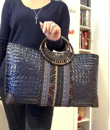Rotfuchs Women's Bag Handbag Straw Bag Shopping Bag Beach Bag Handmade from Rattan Marine 50 cm
