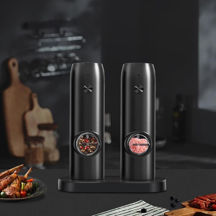 Electric Salt and Pepper Grinder 2-Piece Set, Rechargeable Spice Grinders with Double Charging Station, White LED Light, and Adjustable Coarse Grind