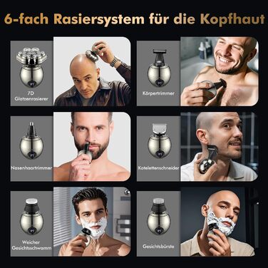 Електричний гоління голови ETENTOUS Glatzen Rasierer для чоловіків - 7D, 6-в-1, IPX7, для гоління голови та догляду за обличчям