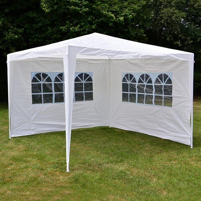 PE Pavilion Party Tent with 2 Side Panels for Garden, Terrace, Market, Camping, Festival as a Shelter and Canopy, Waterproof 3 x 3 m (White)