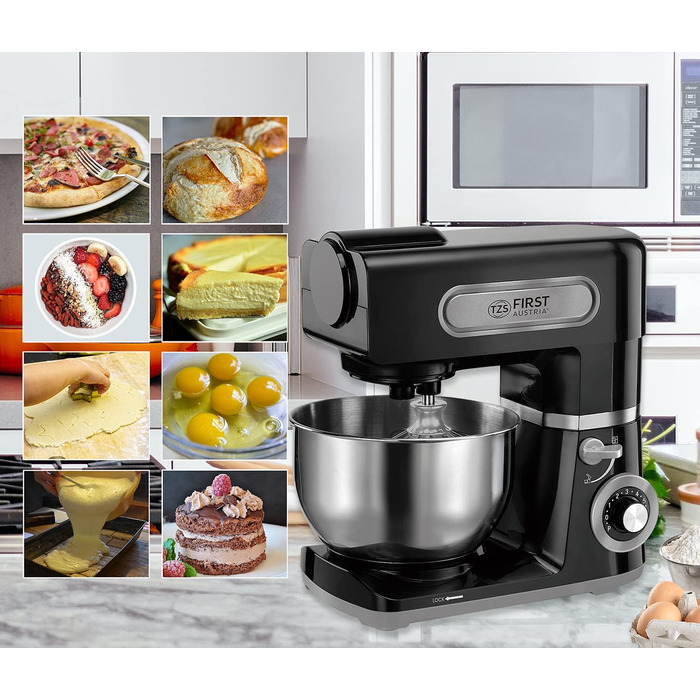 Кухонна машина TZS First Austria професійна | Міксер з чашею 6 л, 1500 Вт, 6 швидкостей, з набором насадок (міксер, гак для тіста, вінчик), нержавіюча сталь