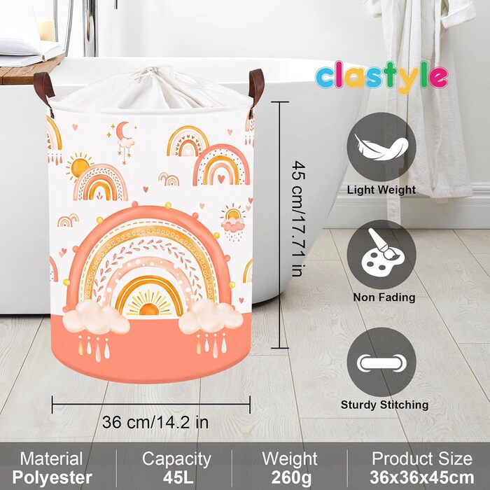 Кошик для іграшок та білизни Clastyle 45л Boho веселка, сонце, місяць, помаранчевий, круглий, для дитячої кімнати 36x45 см