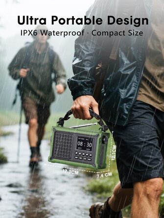 ROCAM Портативне радіо DAB+ з Bluetooth, 12000mAh, радіо з ручкою, сонячна панель 8500мм², 650mA, DAB/UKW, 2.4' дисплей, 80 станцій, LED ліхтарик, USB, SOS, IPX6, для надзвичайних ситуацій, зелене