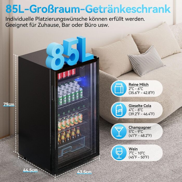 Холодильник для напоїв TriumphKEY, 85 літрів з LED-підсвіткою, скляна дверцята, 3 полиці та відділення для пляшок (сода, пиво, вино)