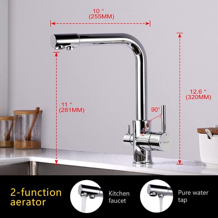 Кухонний змішувач 3-в-1 з обертанням 360° з нержавіючої сталі, з двома ручками, для фільтрації води, гарячої та холодної води, високого тиску, 3 шланги по 50 см