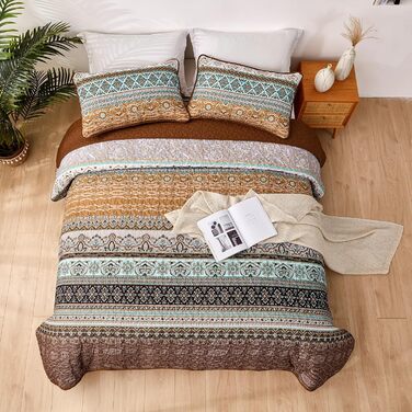 WONGS BEDDING Quilt Cover 220x240 Bedspread Bohemian Throw Blanket Stepped Quilt 3-Piece Double Bed Quilted Blanket Microfiber Living Blanket with 2 Pillowcases 50x70 for Bedroom as Sofa Cover (Bohemian) (220x240 cm, Brown)
