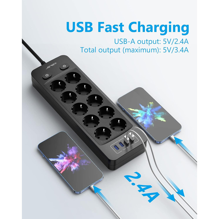 Мережева розетка JSVER 10 з USB, 4 порти зарядки, 16A, з вимикачем, 2м кабель, для смартфонів, ноутбуків, iPad – білий/чорний