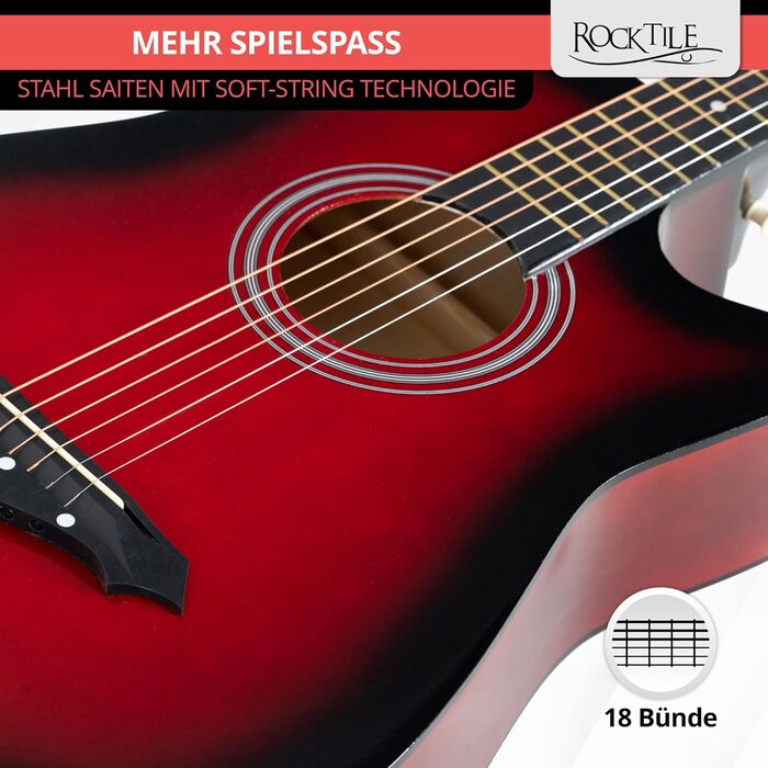 Rocktile WSD-5C-RDB: Акустична гітара Вестерн Slim Line - комплект з чохлом, струнами, ремінком та медіатором. Корпус з липи, гриф з катальпи. Колір: Redburst