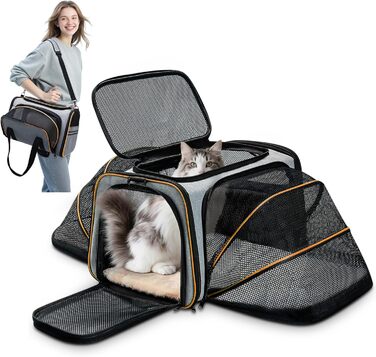 Розширювана переноска для котів та маленьких собак ALLSOPETS, м'яка переноска з 2 розширеннями, знімний флісовий килимок та кишені (сірий & зелений, сірий & помаранчевий)