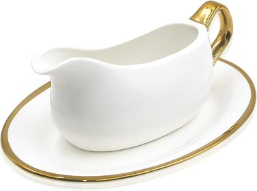 Cheardia Saucepan with Tray, 400 ml, white ceramic saucepan with gold trim, ergonomic handle and large drip-free spout for salad dressings, cream, broth, black pepper