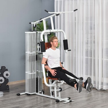 HOMCOM Home Fitness Station, total weight 45kg, with press arm, leg developer, rolling pads, PU leather, 150 x 110 x 210 cm, White | Aosom