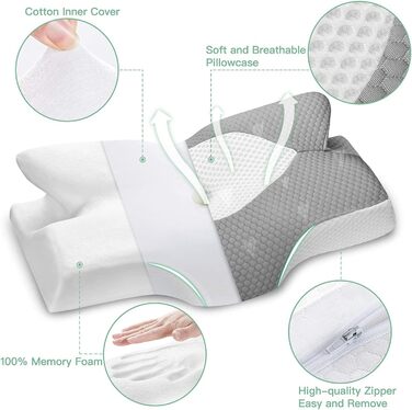 Elviros Orthopedic Memory Foam Pillow, Side Sleeper Pillow Neck Support Pillow, Head Pillow for Neck Pain, Ergonomic Sleep Pillow for Neck and Shoulder Pain, 54x11/9x33cm, Gray
