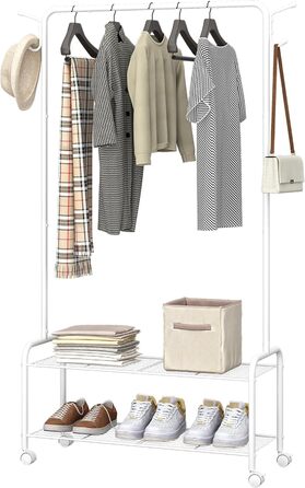 Clothes rack with 2-tier shelf, 3-in-1 design, clothes stand with 4 wheels, coat rack with 4 hooks for bags, GR07499A (White)