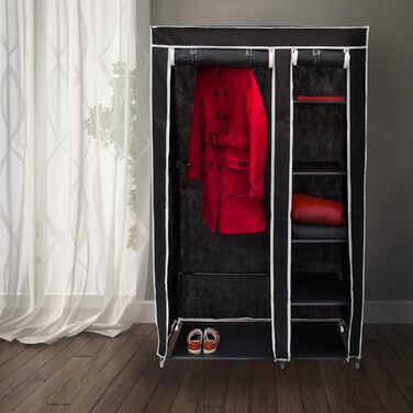 Relaxdays Fabric Wardrobe with Clothes Rail & 5 Compartments, HBT: 174 x 107 x 42.5 cm, Sturdy Folding Wardrobe with Cover, (Black)