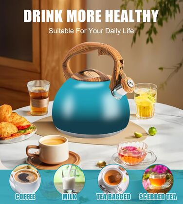 Чайник-свисток Foedo 3.2 л з нержавіючої сталі з дерев'яною текстурою, 3.2 л, для чаю, кави та молока, класичний дизайн, червоний (градієнт темно-зеленого кольору)