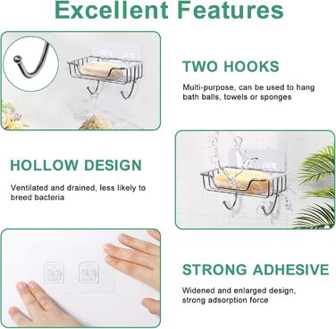 Тримач для мила без свердління Uten, нержавіюча сталь, самоклеючий, з 2 гачками, для ванної, кухні (сріблястий, овальний, 2 шт.)