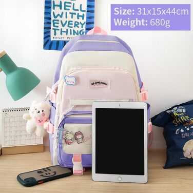 Набір шкільних рюкзаків IvyH 5-ти частинний: рюкзак, пенал, сумка для підручників, нагрудна сумка, сумка для покупок. Для дівчаток 3-7 класів. Рожевий колір.