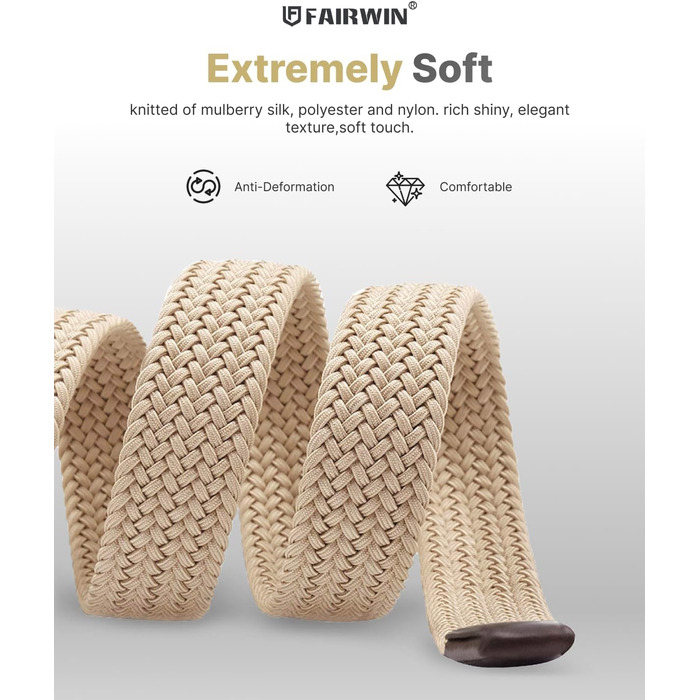 Чоловічий тканинний ремінь Fairwin, бежевий, еластичний, плетіння, розмір M (довжина 105 см, для обхвату талії 80–90 см)