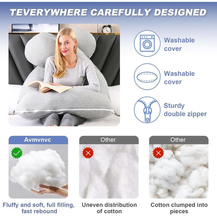 Подушка для вагітних Avmvnvc U-подібної форми, велика, для сну на боці, знімний чохол з джерсі (сірий)